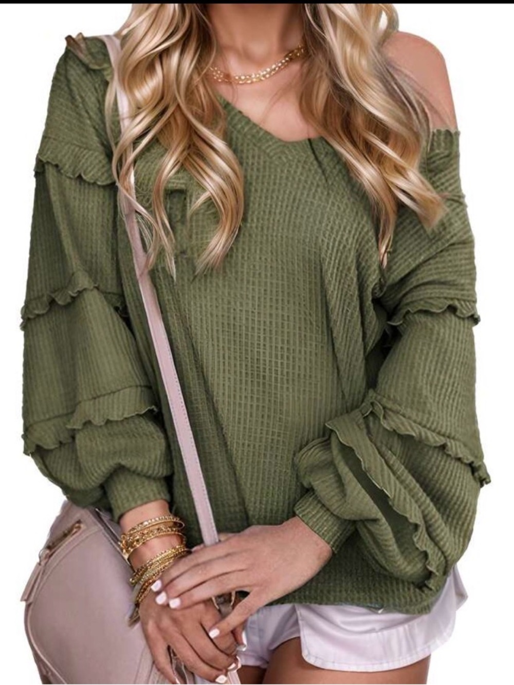 Olive Green Off-the-Shoulder Waffle Knit Sweater